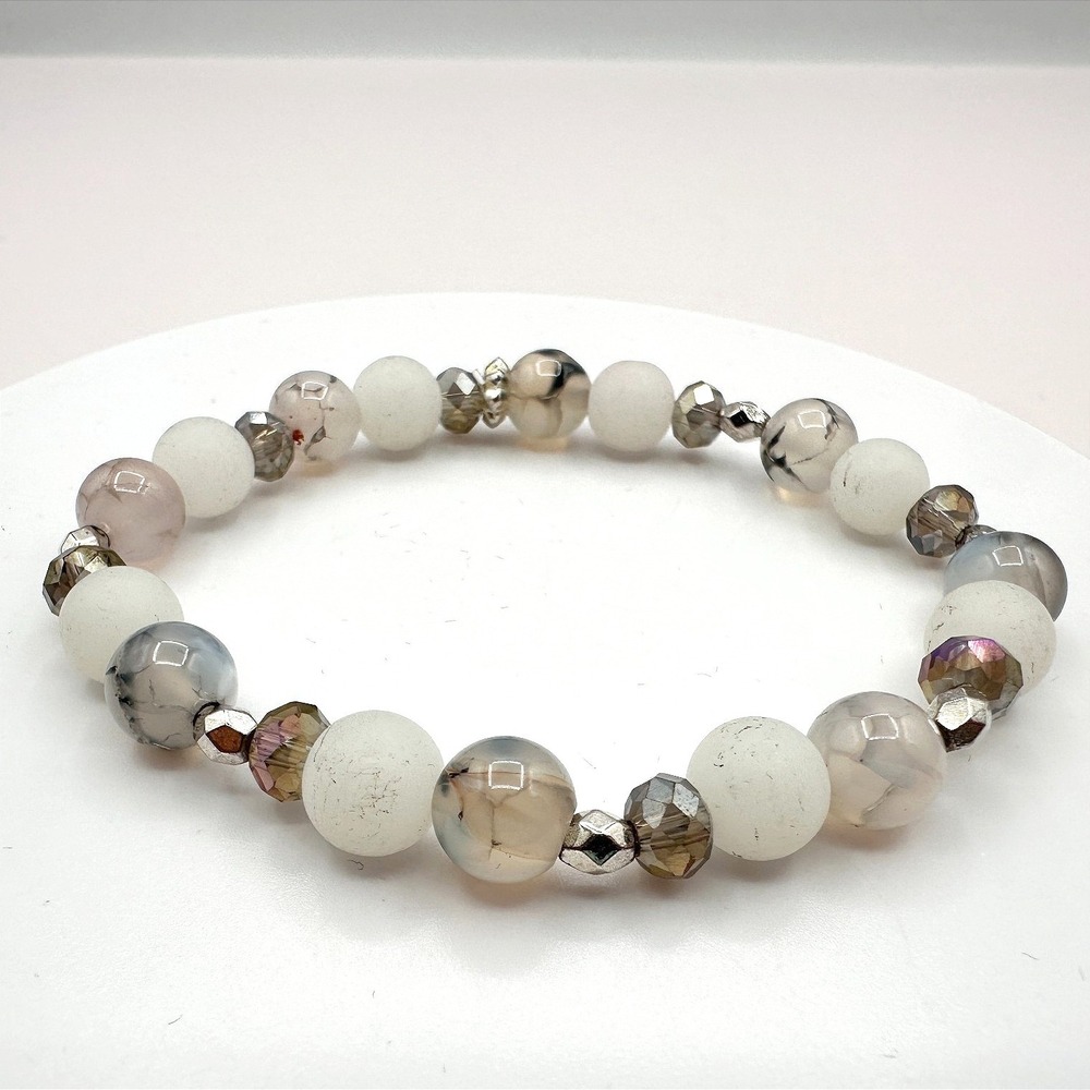 VTG White Gray‎ Beaded Bracelet Simple Stretch Stackable Faux Stone Retro Boho